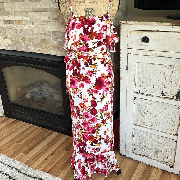 Bluivy Dreaming of Roses wrap front maxi dress pink white cold shoulder rayon - Picture 11 of 14